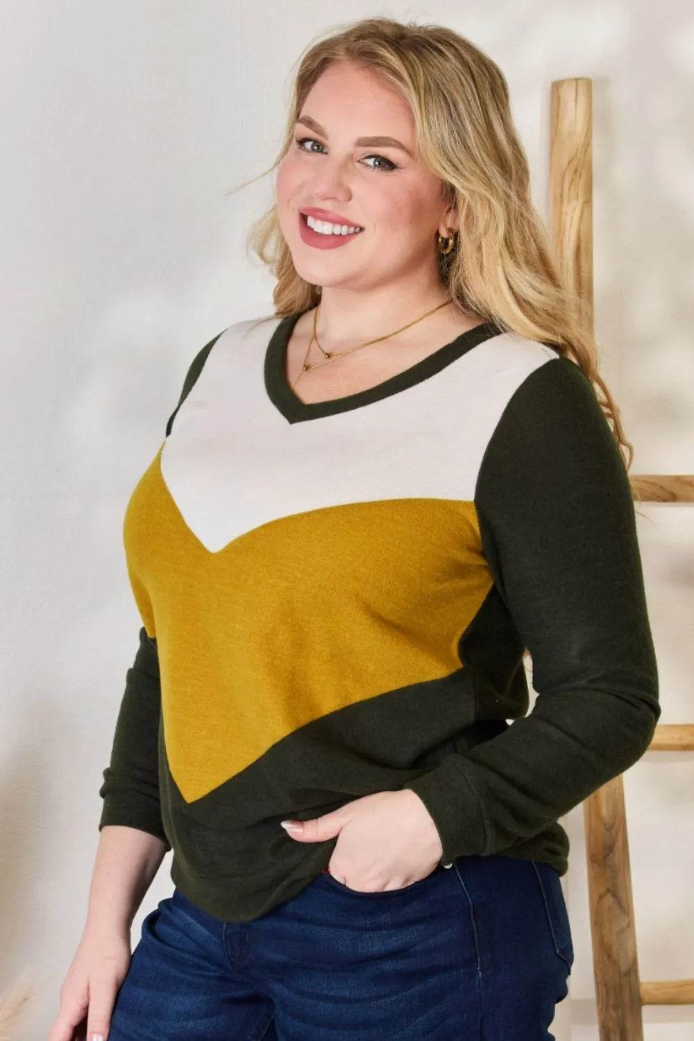 Hailey & Co Full Size Colorblock V-Neck Blouse - Shop Style & More | Fresh Looks, Everyday Deals & Free Shipping