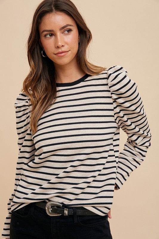 Annie Wear Striped Round Neck Puff Sleeve French Terry Top - Shop Style & More | Fresh Looks, Everyday Deals & Free Shipping
