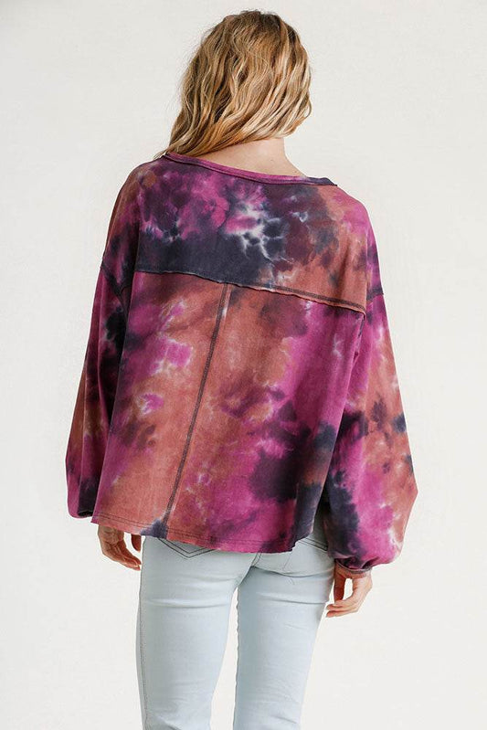 Umgee Full Size Tie Dye Round Neck Long Balloon Sleeve Top Plus Size - Shop Style & More | Fresh Looks, Everyday Deals & Free Shipping