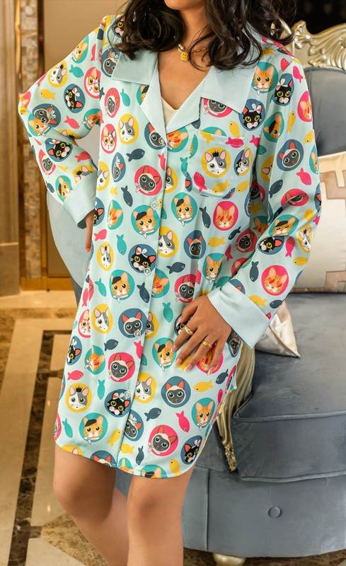 CAT PRINT BLUE SLEEP SHIRT - Shop Style & More | Fresh Looks, Everyday Deals & Free Shipping