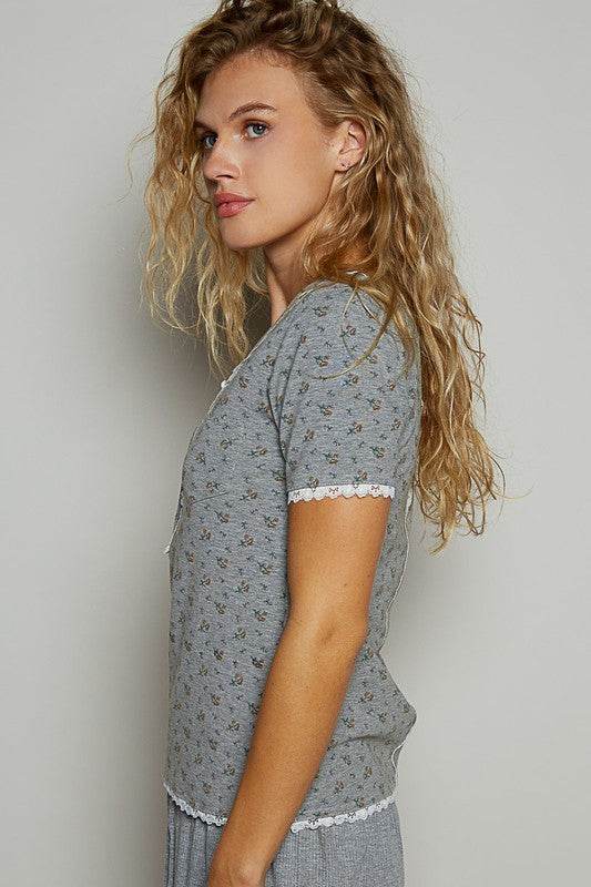 POL Lace Detail Floral V-Neck Button Detail Short Sleeve T-Shirt - Shop Style & More | Fresh Looks, Everyday Deals & Free Shipping
