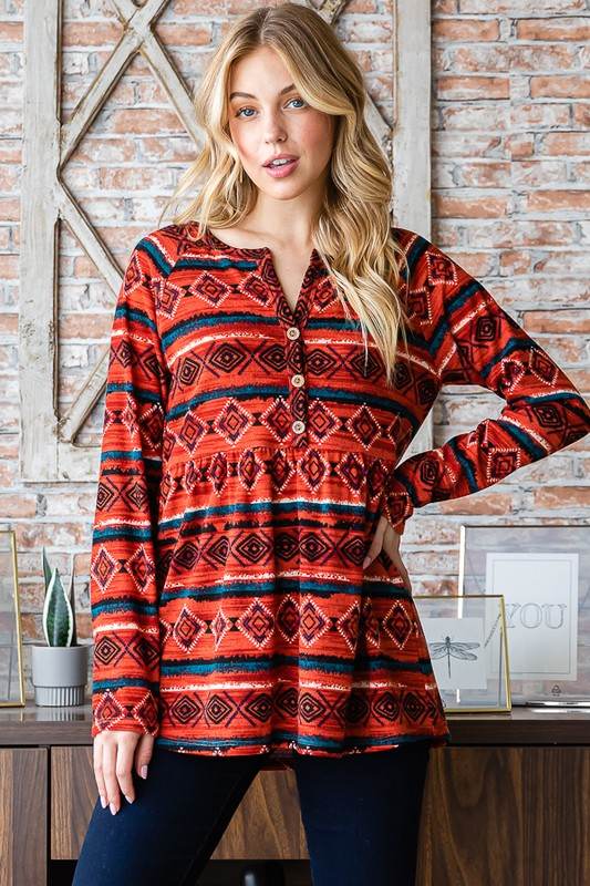 Heimish Full Size Geometric Button Detail Long Sleeve Babydoll Top - Shop Style & More | Fresh Looks, Everyday Deals & Free Shipping