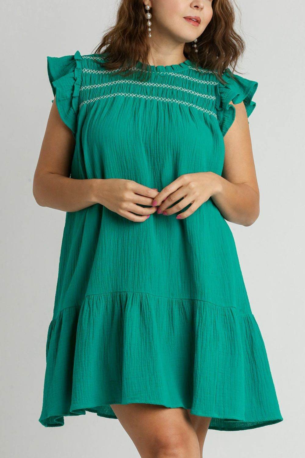 Umgee Full Size Smocked Contrast Stitching Ruffle Cap Sleeve Round Neck Dress Plus Size - Shop Style & More | Fresh Looks, Everyday Deals & Free Shipping