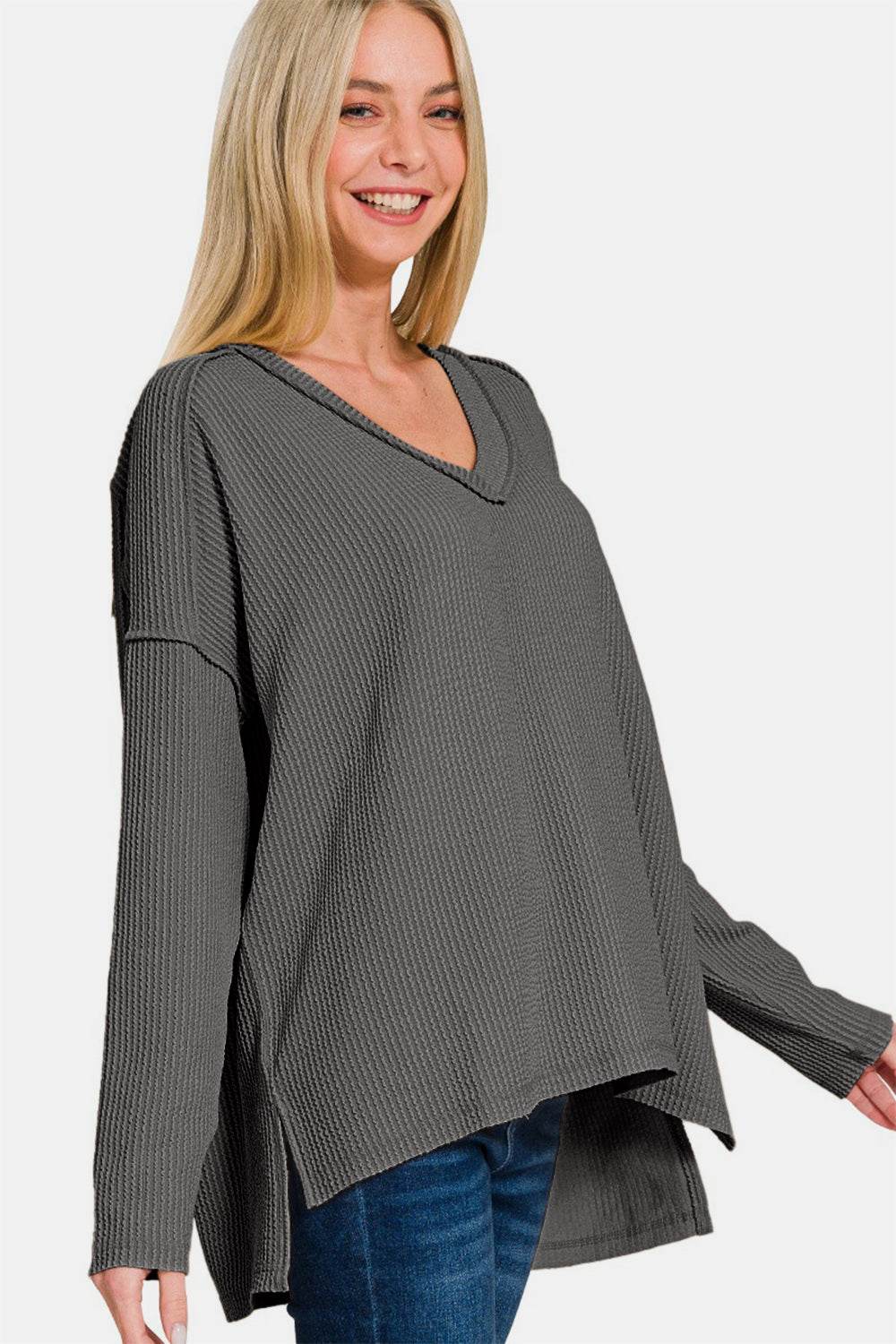 Zenana Texture Exposed Seam V-Neck Long Sleeve T-Shirt - Shop Style & More | Fresh Looks, Everyday Deals & Free Shipping