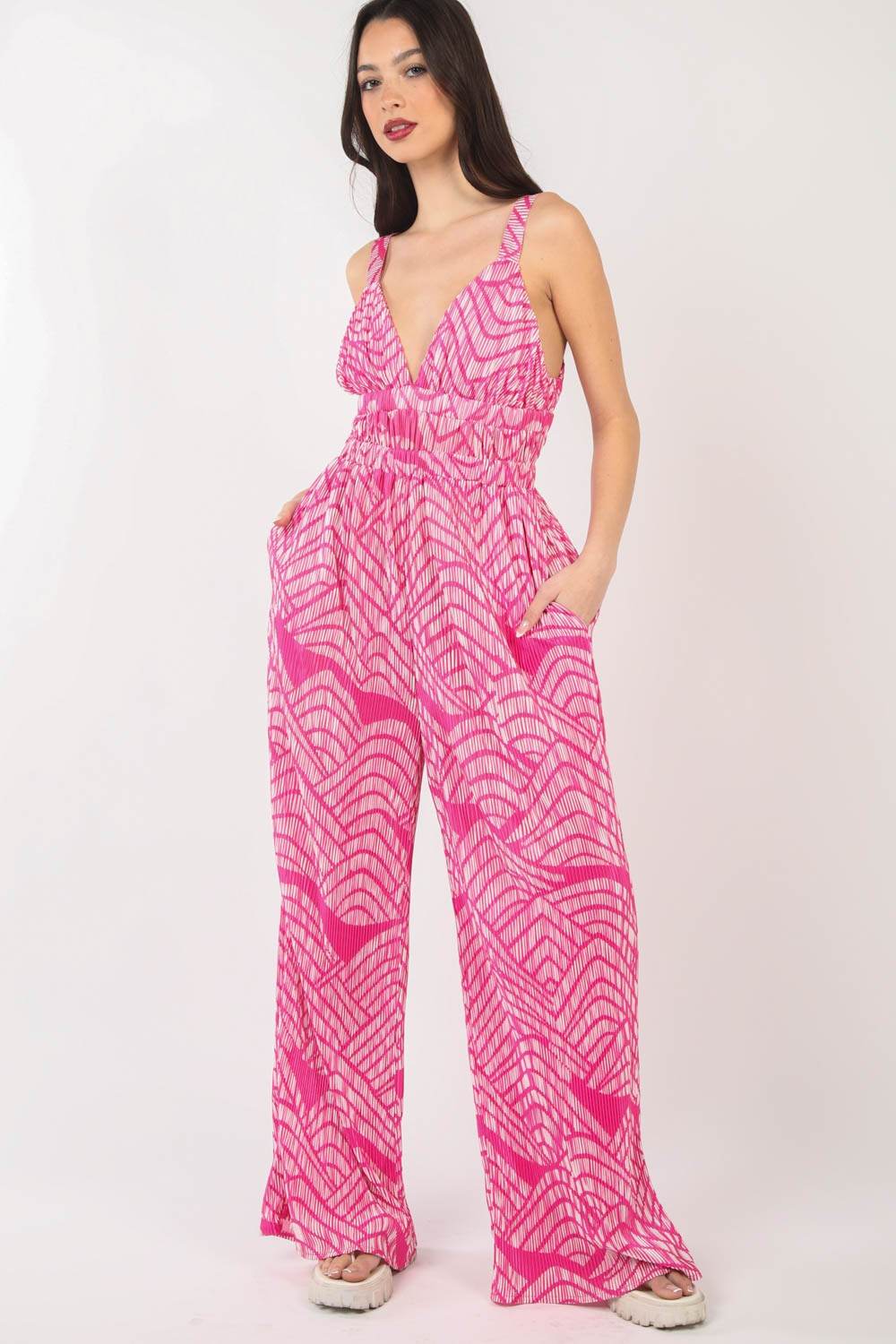 VERY J Printed Pleated Sleeveless Wide Leg Jumpsuit - Shop Style & More | Fresh Looks, Everyday Deals & Free Shipping