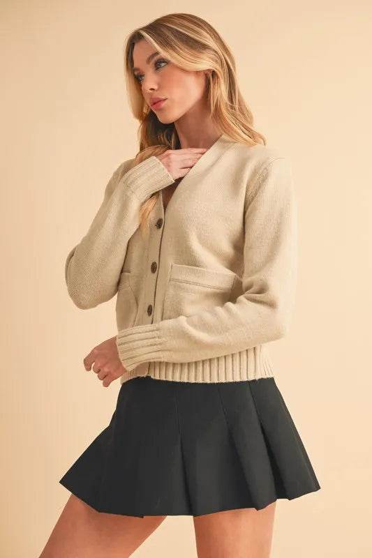 Aemi + Co Ribbed Hem Button Down V-Neck Cardigan - Shop Style & More | Fresh Looks, Everyday Deals & Free Shipping