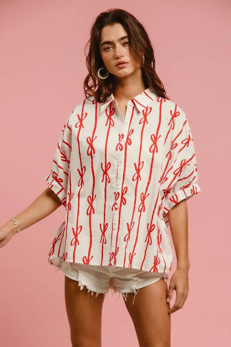 BiBi Bow Ribbon Woven Printed Button Down Shirt - Shop Style & More | Fresh Looks, Everyday Deals & Free Shipping