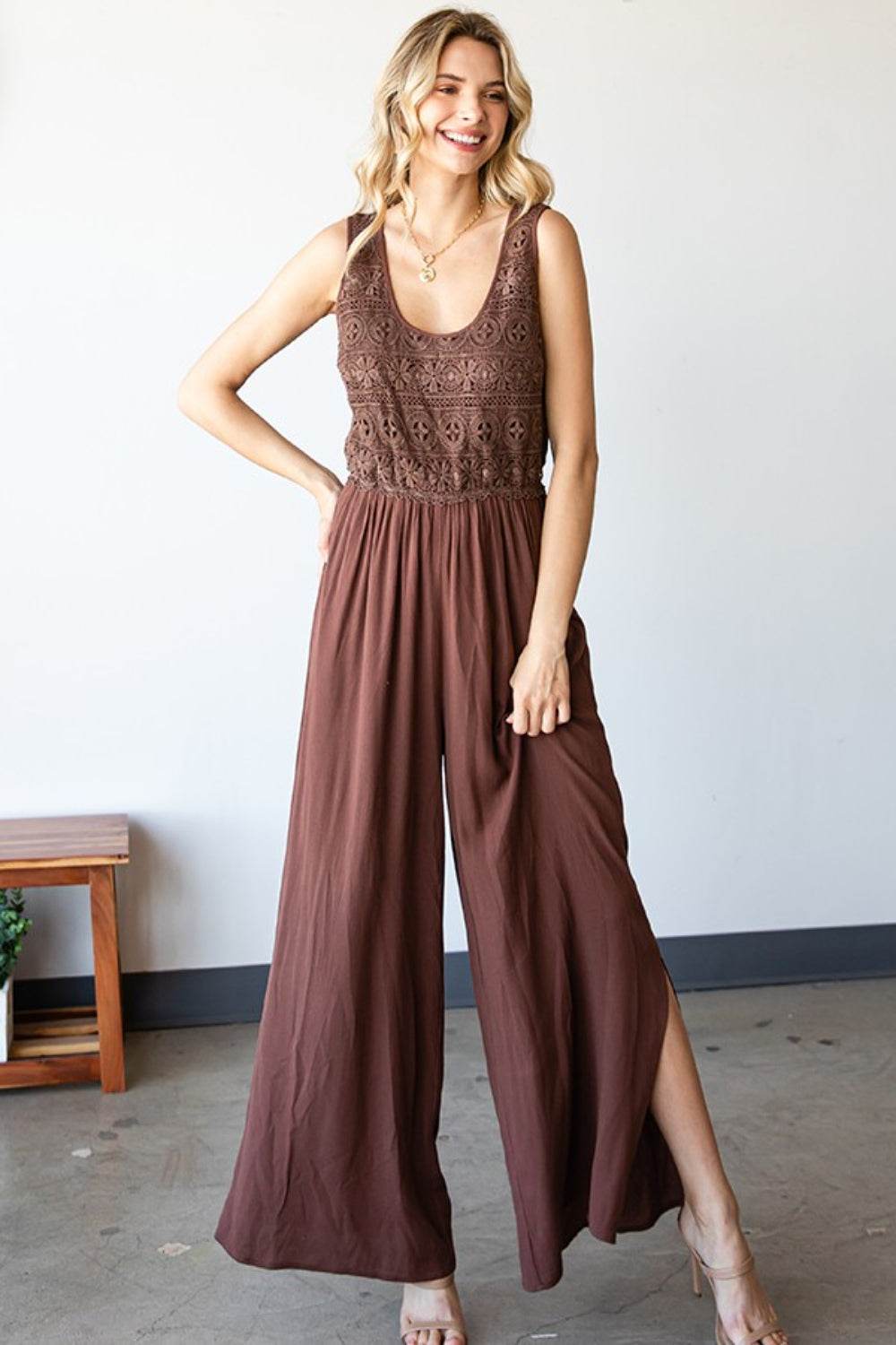 First Love Tie Back Sleeveless Slit Wide Leg Jumpsuit - Shop Style & More | Fresh Looks, Everyday Deals & Free Shipping