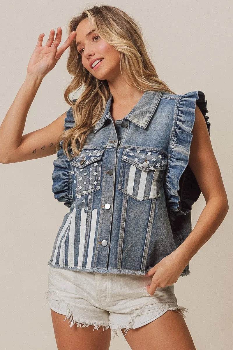 BiBi American Flag Washed Denim Jacket - Shop Style & More | Fresh Looks, Everyday Deals & Free Shipping