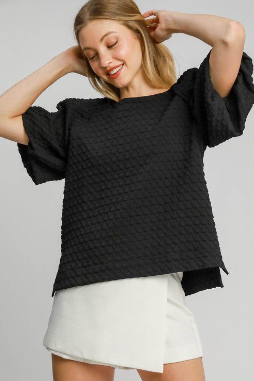 Umgee Full Size Boxy Cut Jacquard Round Neck Top with Side Slit Plus Size - Shop Style & More | Fresh Looks, Everyday Deals & Free Shipping