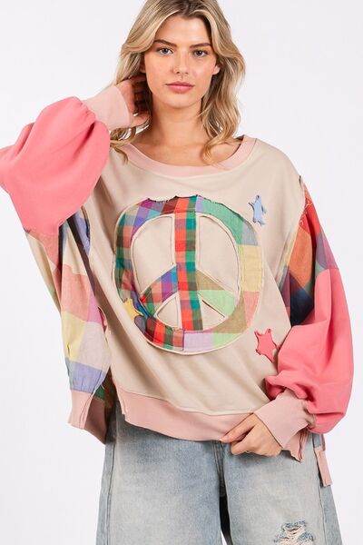 SAGE + FIG Full Size Contrast Peace Patch Dropped Shoulder Sweatshirt - Shop Style & More | Fresh Looks, Everyday Deals & Free Shipping