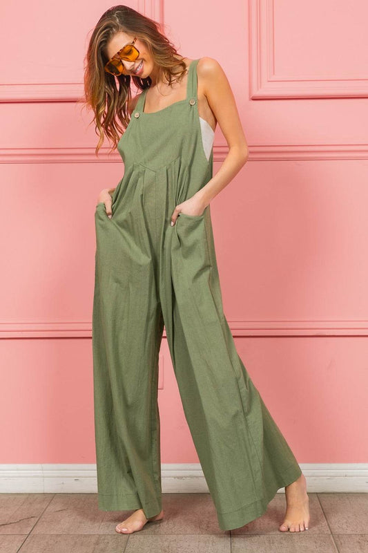 BiBi Ruched Wide Leg Overalls with Pockets - Shop Style & More | Fresh Looks, Everyday Deals & Free Shipping