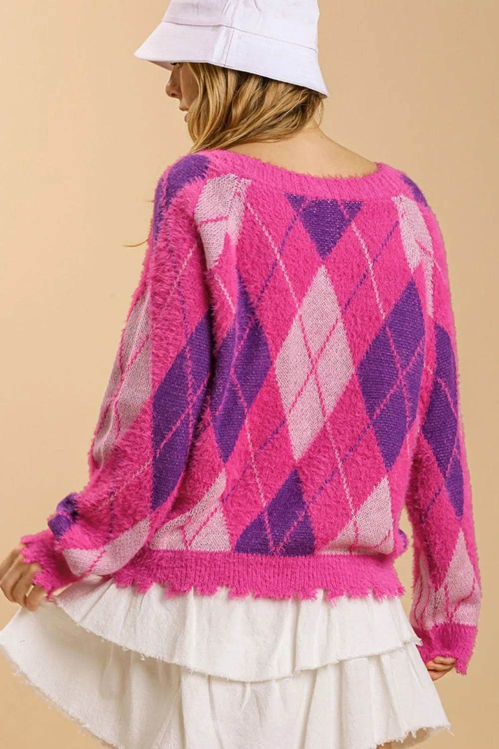 Umgee Full Size Argyle Pattern V-Neck Button Front Cardigan Plus Size - Shop Style & More | Fresh Looks, Everyday Deals & Free Shipping