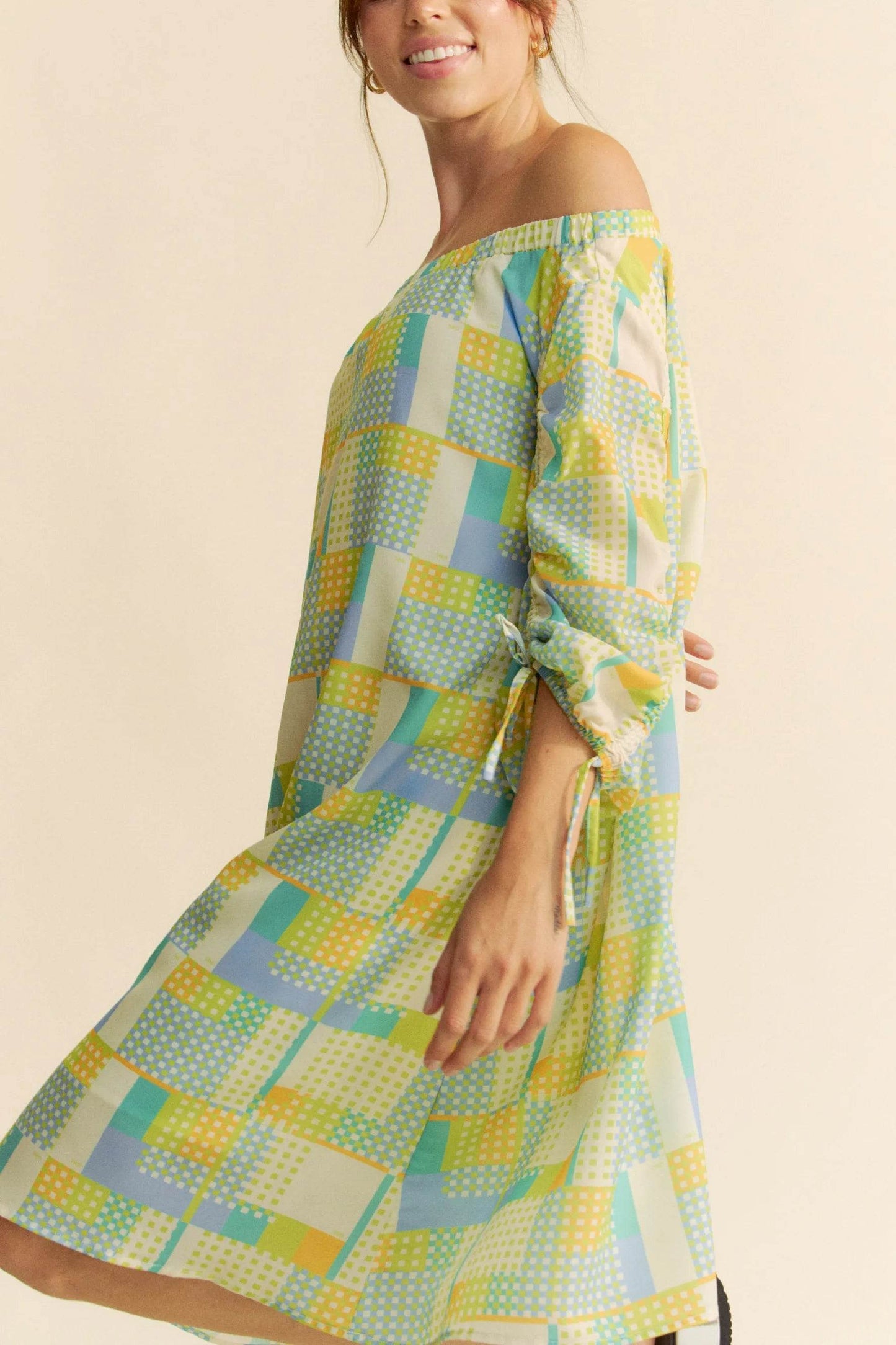 Davi & Dani Printed Off Shoulder Drawstring Sleeve Mini Dress - Shop Style & More | Fresh Looks, Everyday Deals & Free Shipping