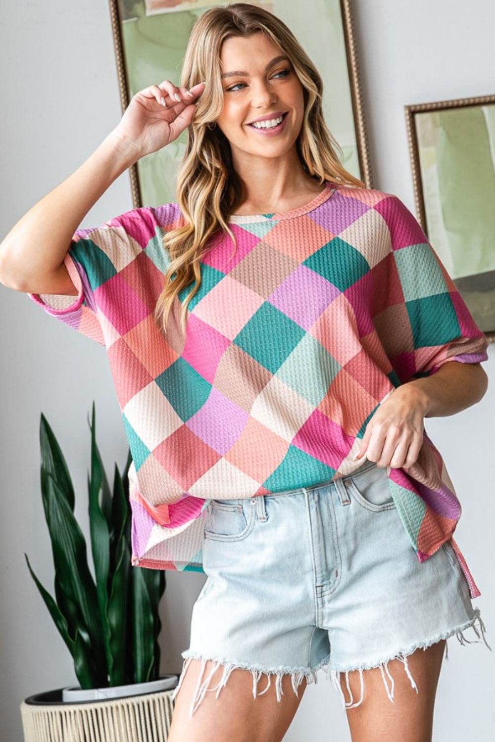 HOPELY Full Size Multi Colored Argyle Side Slit T-Shirt - Shop Style & More | Fresh Looks, Everyday Deals & Free Shipping