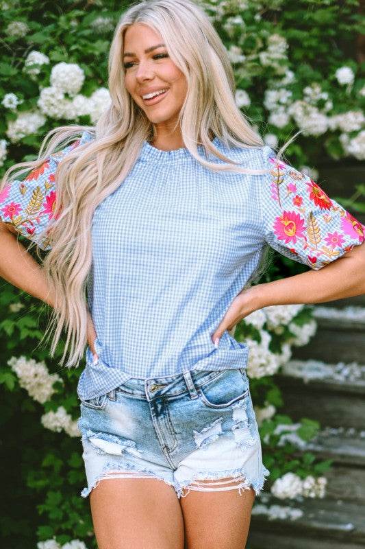 Pearl Gingham Floral Embroidered Puff Sleeve Blous - Shop Style & More | Fresh Looks, Everyday Deals & Free Shipping