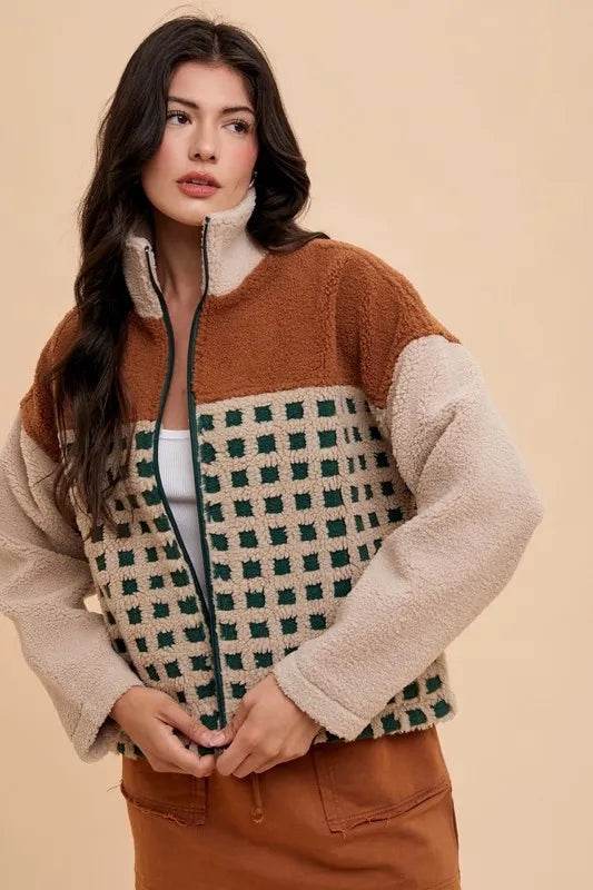 Annie Wear Plaid Zip Up Drop Shoulder Sherpa Jacket - Shop Style & More | Fresh Looks, Everyday Deals & Free Shipping