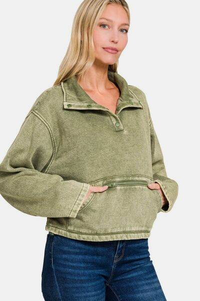 Zenana Acid Wash Fleece Half Snap Sweatshirt with Pocket - Shop Style & More | Fresh Looks, Everyday Deals & Free Shipping
