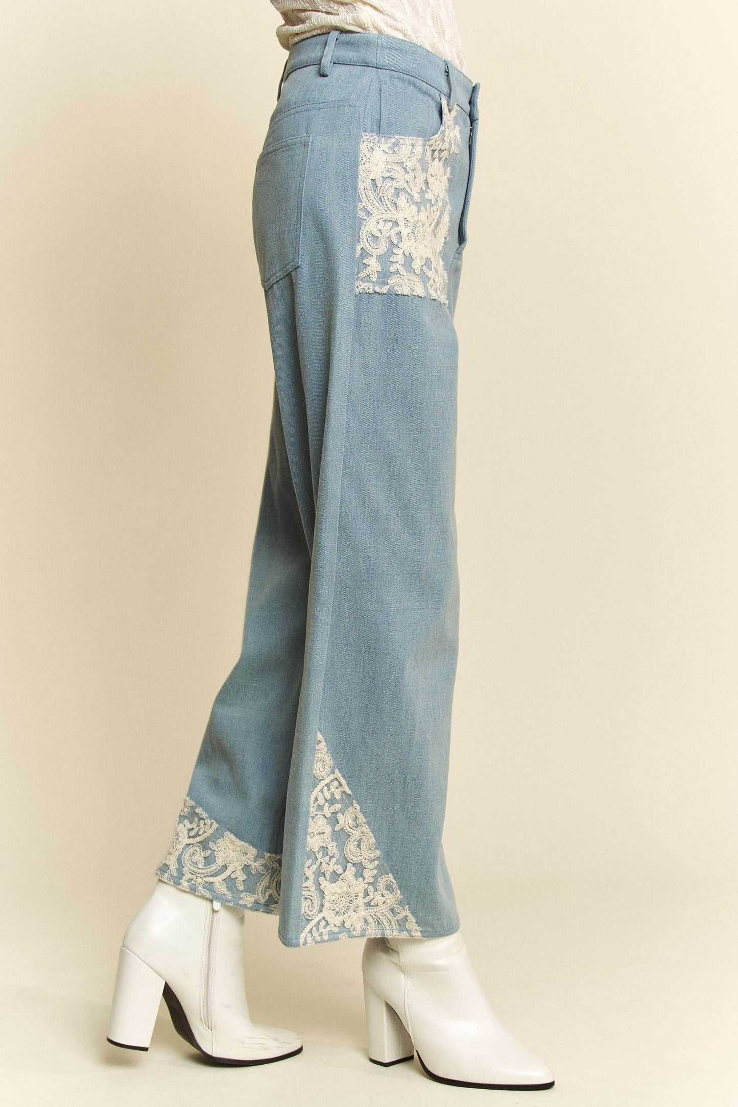 Davi & Dani Lace Applique Wide Leg Jeans - Shop Style & More | Fresh Looks, Everyday Deals & Free Shipping