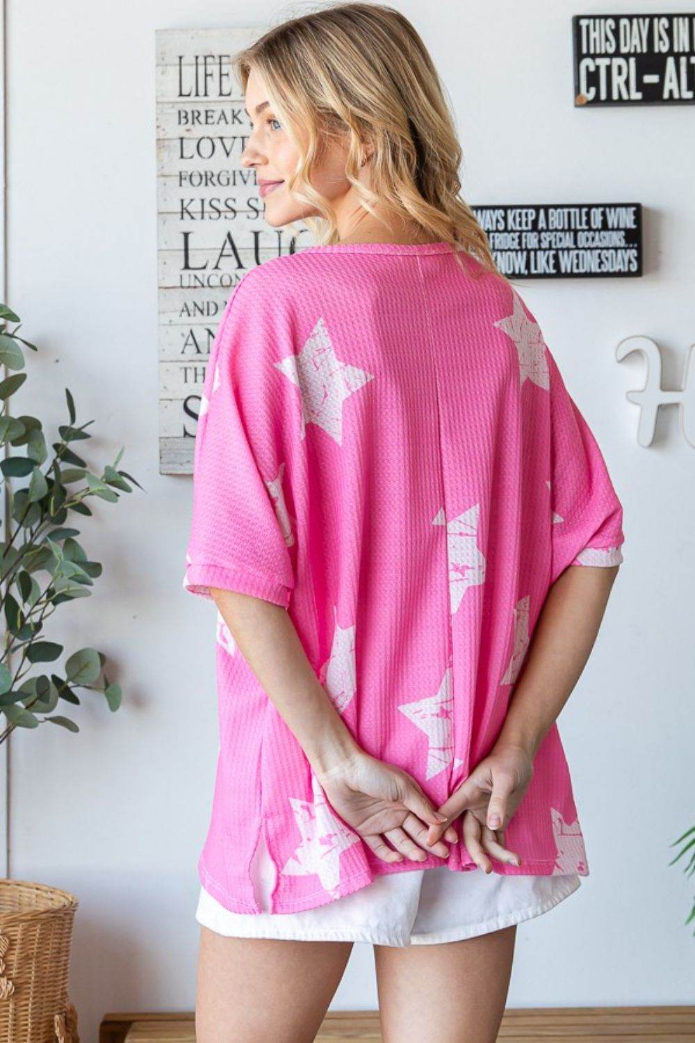 HOPELY Star Pattern Oversized Waffle T-Shirt - Shop Style & More | Fresh Looks, Everyday Deals & Free Shipping