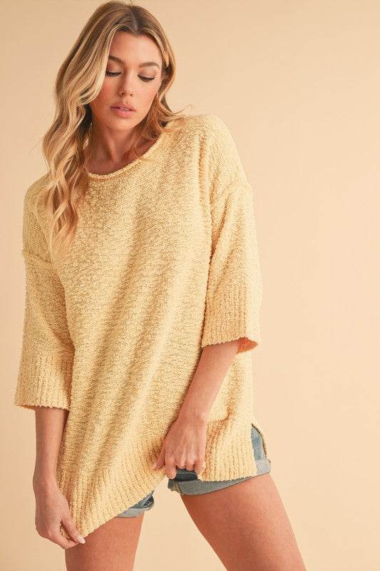 Aemi + Co Side Slit Ribbed Hem Round Neck Sweater - Shop Style & More | Fresh Looks, Everyday Deals & Free Shipping