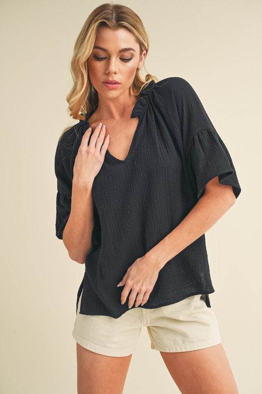 Aemi + Co Side Slit Notched Ruffled Half Sleeve Blouse - Shop Style & More | Fresh Looks, Everyday Deals & Free Shipping