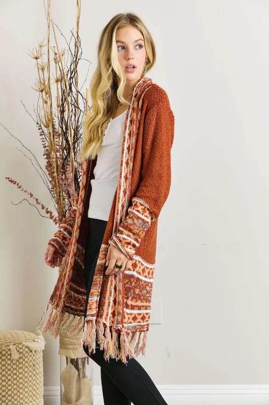 ADORA Full Size Fringe Hem Aztec Border Cardigan Plus Size - Shop Style & More | Fresh Looks, Everyday Deals & Free Shipping