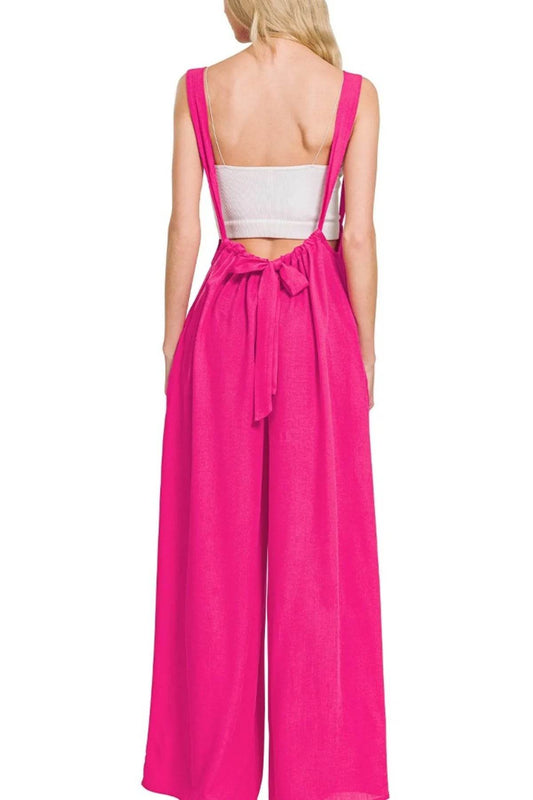 Zenana Woven Tie Back Suspender Jumpsuit - Shop Style & More | Fresh Looks, Everyday Deals & Free Shipping