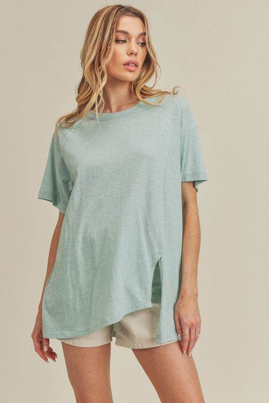 Aemi + Co Asymmetrical Front Slit Round Neck Raglan Sleeve T-Shirt - Shop Style & More | Fresh Looks, Everyday Deals & Free Shipping