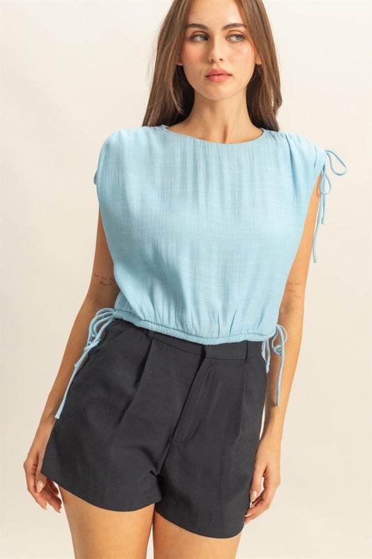 HYFVE Bubble Hem Side Tie Detail Round Neck Sleeveless Blouse - Shop Style & More | Fresh Looks, Everyday Deals & Free Shipping