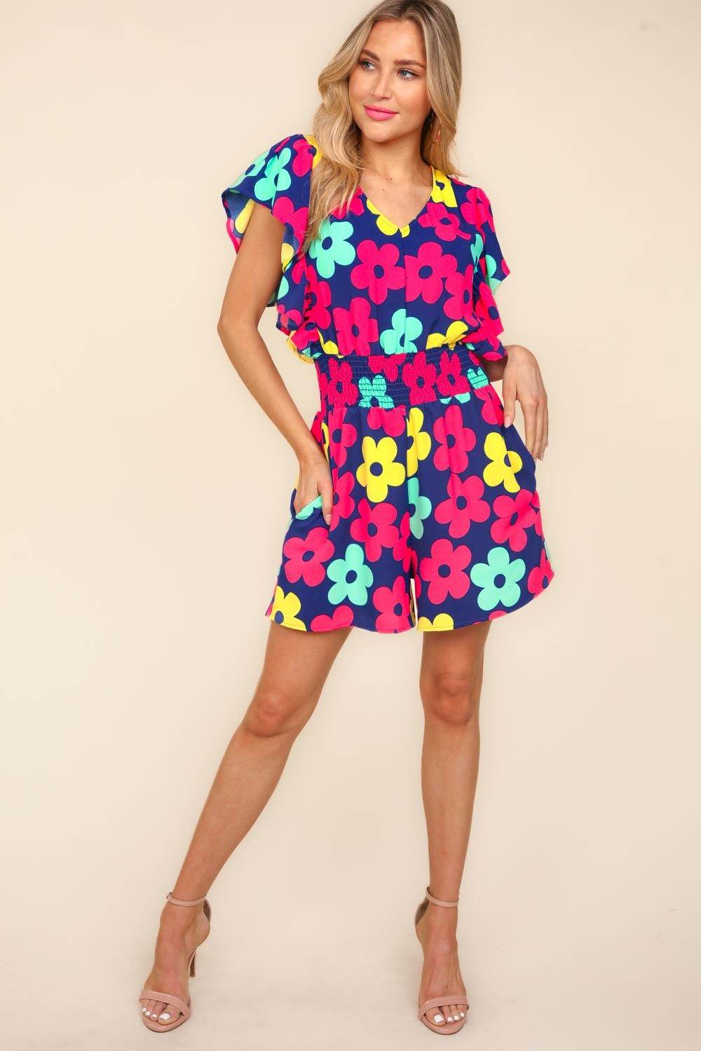 Haptics Floral Smocked Waist Romper with Side Pockets - Shop Style & More | Fresh Looks, Everyday Deals & Free Shipping