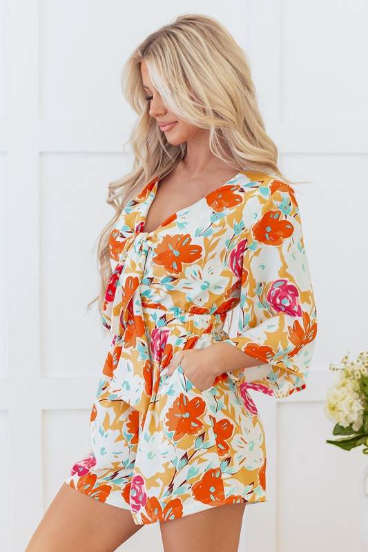 Orange Blooming Floral Print Front Tie Romper - Shop Style & More | Fresh Looks, Everyday Deals & Free Shipping