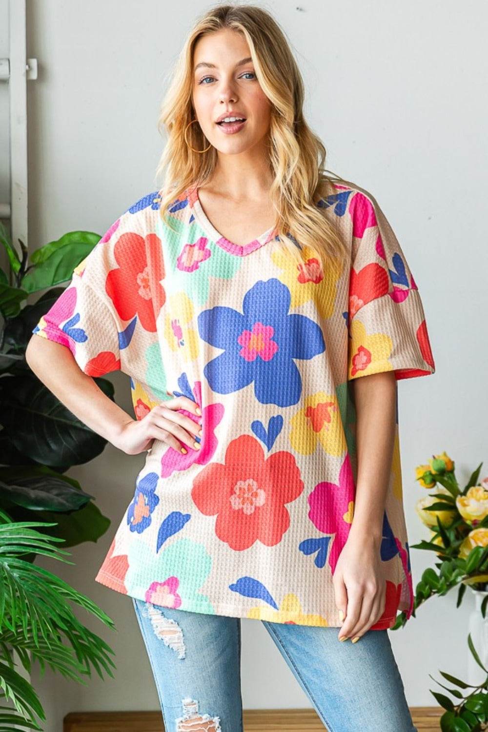 HOPELY Full Size Floral V-Neck Side Slit T-Shirt - Shop Style & More | Fresh Looks, Everyday Deals & Free Shipping
