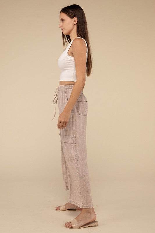 Washed Linen Elastic Band Waist Cargo Pants - Shop Style & More | Fresh Looks, Everyday Deals & Free Shipping