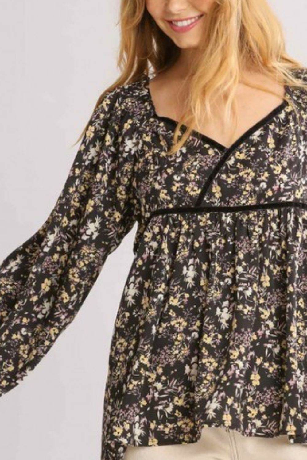 Umgee Full Size Floral Print Velvet Trimmed Balloon Sleeve Top Plus Size - Shop Style & More | Fresh Looks, Everyday Deals & Free Shipping