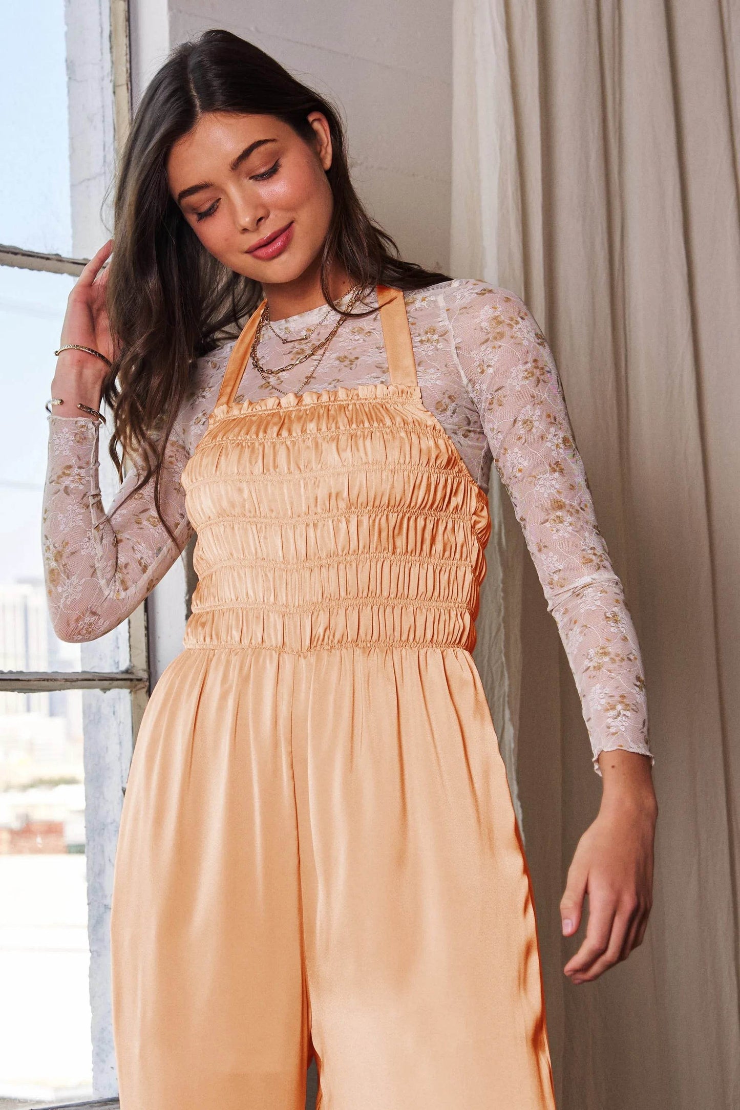 Davi & Dani Halterneck Tie Closure Smocked Bodice Jumpsuit - Shop Style & More | Fresh Looks, Everyday Deals & Free Shipping