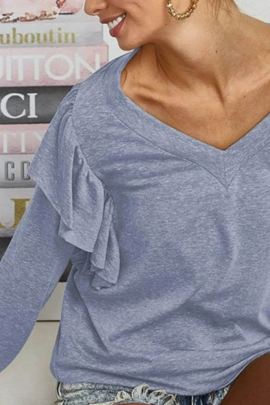 BiBi Triblend V Neck Top with Shoulder Shrring Detail - Shop Style & More | Fresh Looks, Everyday Deals & Free Shipping