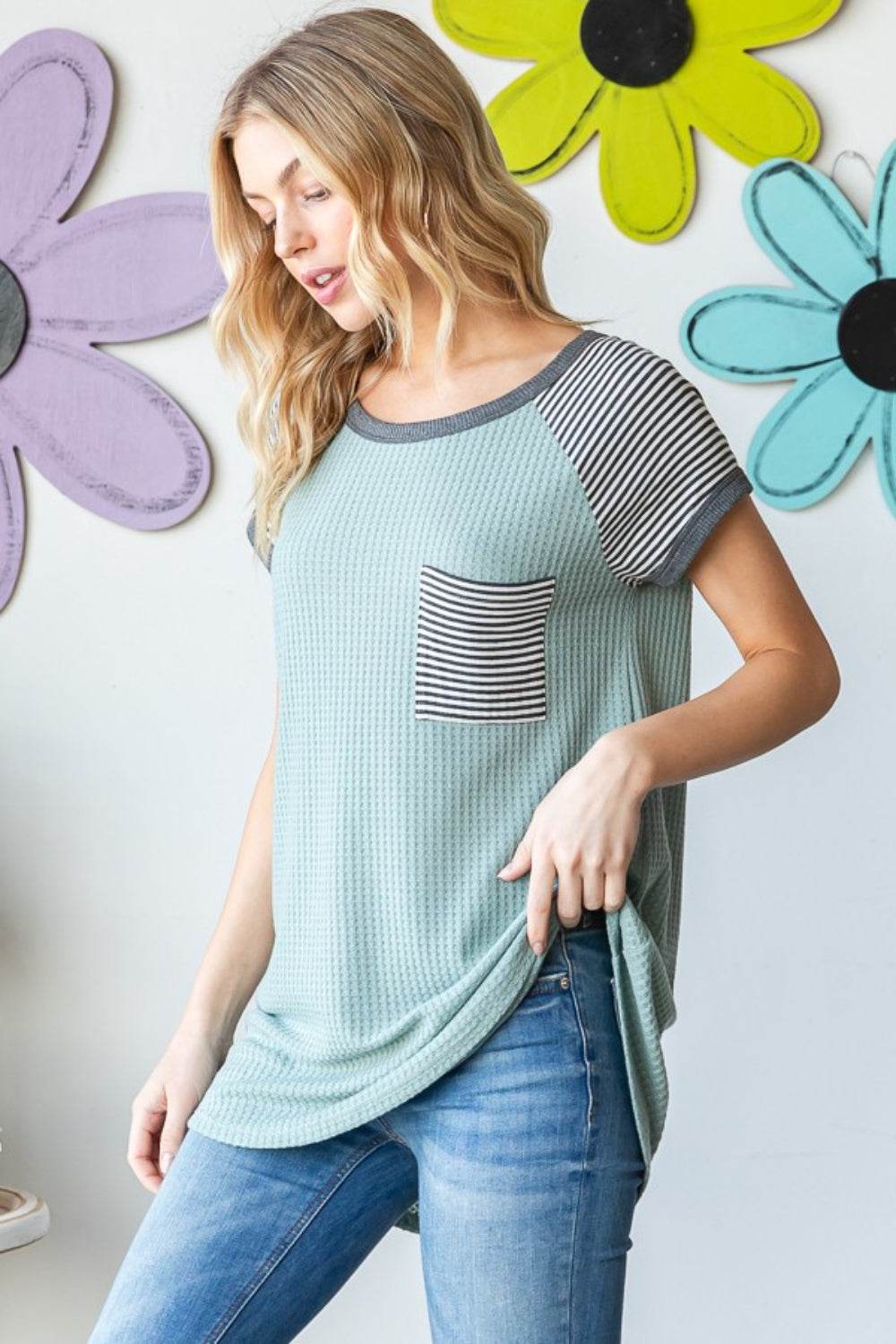 Heimish Full Size Striped Short Sleeve Waffle T-Shirt - Shop Style & More | Fresh Looks, Everyday Deals & Free Shipping