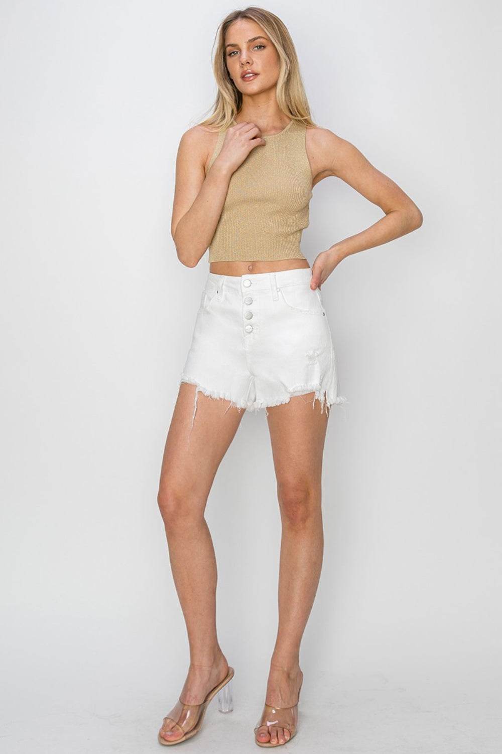 RISEN Button Fly Frayed Hem Denim Shorts - Shop Style & More | Fresh Looks, Everyday Deals & Free Shipping