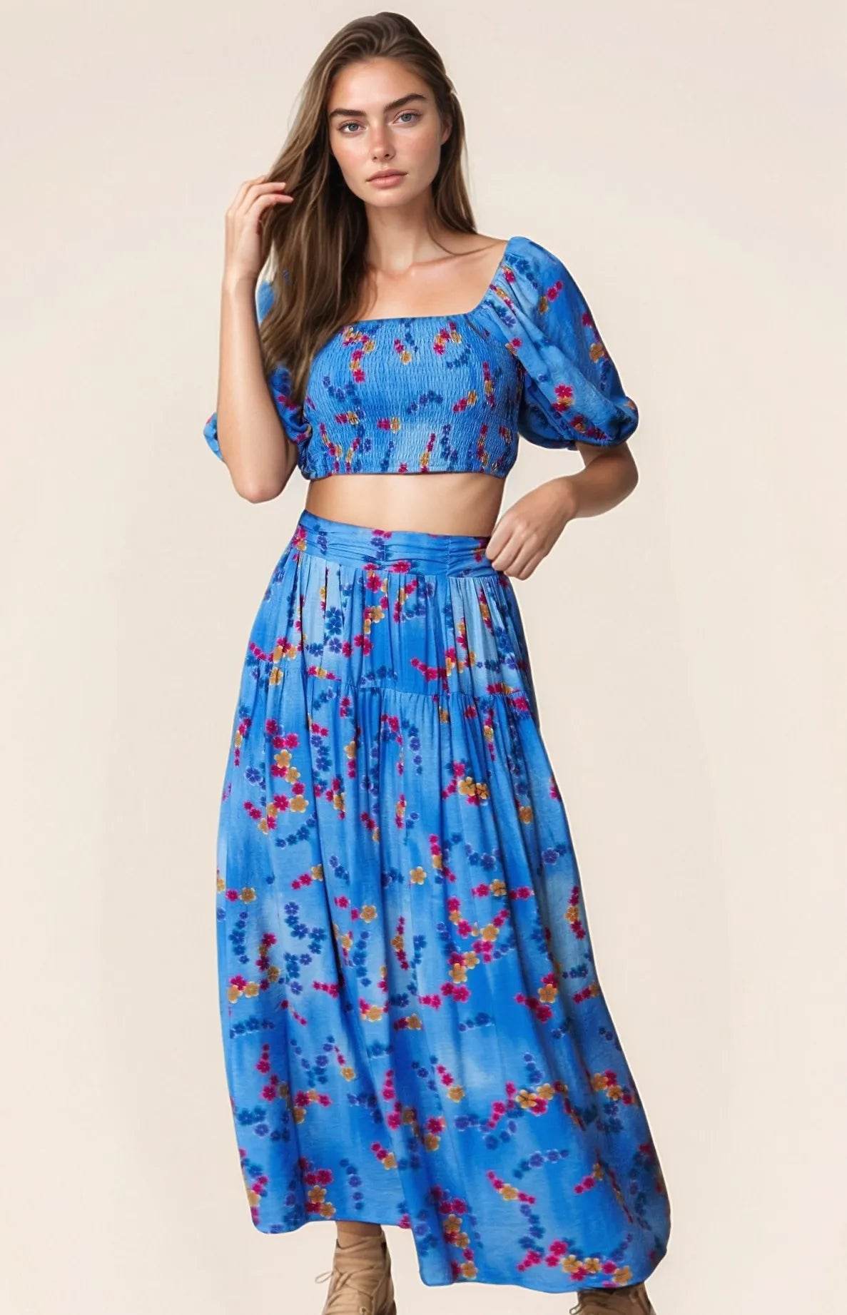 Davi & Dani Printed Smocking Waistband Ruffled Maxi Skirt - Shop Style & More | Fresh Looks, Everyday Deals & Free Shipping