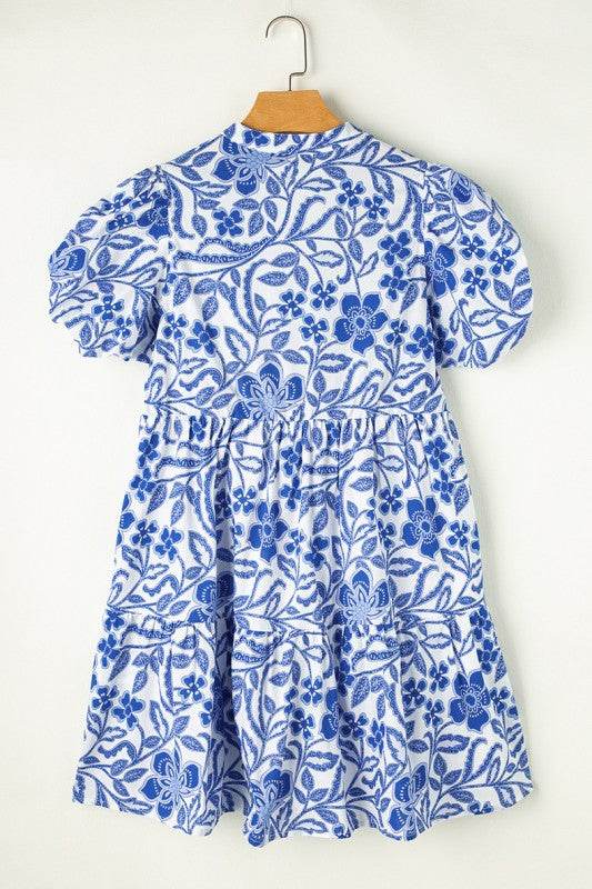 Blue Flower Print Puff Sleeve Tiered Dress - Shop Style & More | Fresh Looks, Everyday Deals & Free Shipping