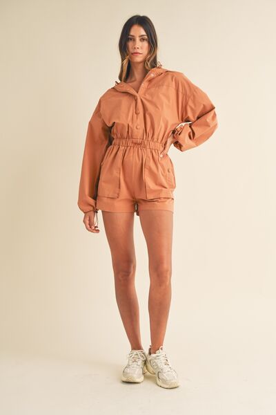 Mable Snap Down Long Sleeve Hooded Romper Jumpsuits
