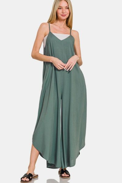 Zenana Sleeveless Curved Hem Wide Leg Overalls with Pockets Jumpsuits