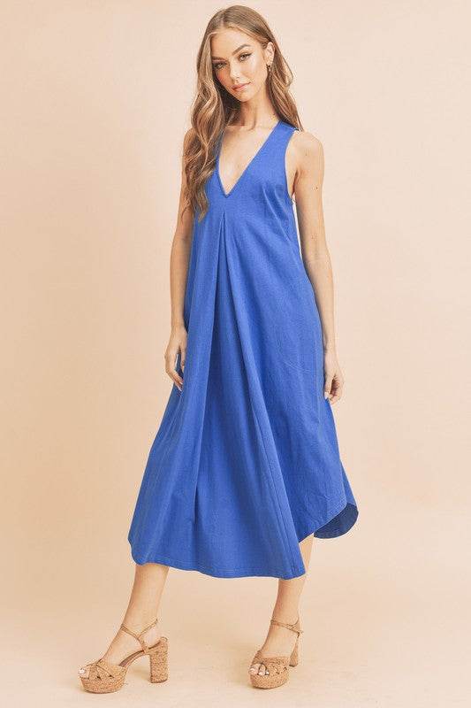 Aemi + Co Front Pleat Detail V-Neck Sleeveless Midi Dress - Shop Style & More | Fresh Looks, Everyday Deals & Free Shipping