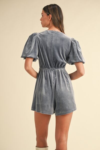 Mable Jewel Bow Decor Puff Sleeve Velvet Romper Jumpsuits
