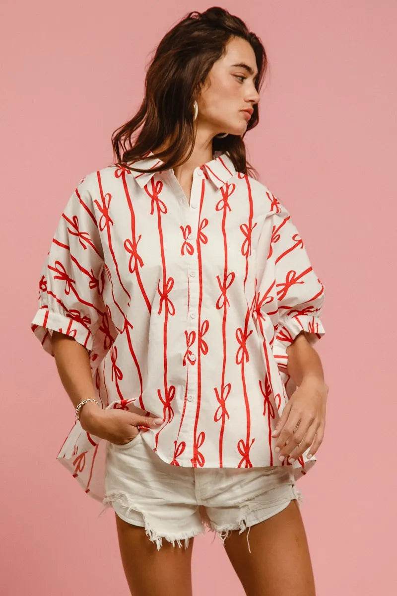 BiBi Bow Ribbon Woven Printed Button Down Shirt - Shop Style & More | Fresh Looks, Everyday Deals & Free Shipping