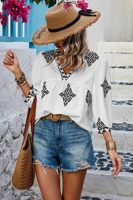 Printed T Shirt V Neck Loose Puff Sleeves Shirts - Shop Style & More | Fresh Looks, Everyday Deals & Free Shipping