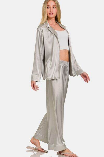 Zenana Satin Long Sleeve Shirt and Pants Pajama Set - Shop Style & More | Fresh Looks, Everyday Deals & Free Shipping