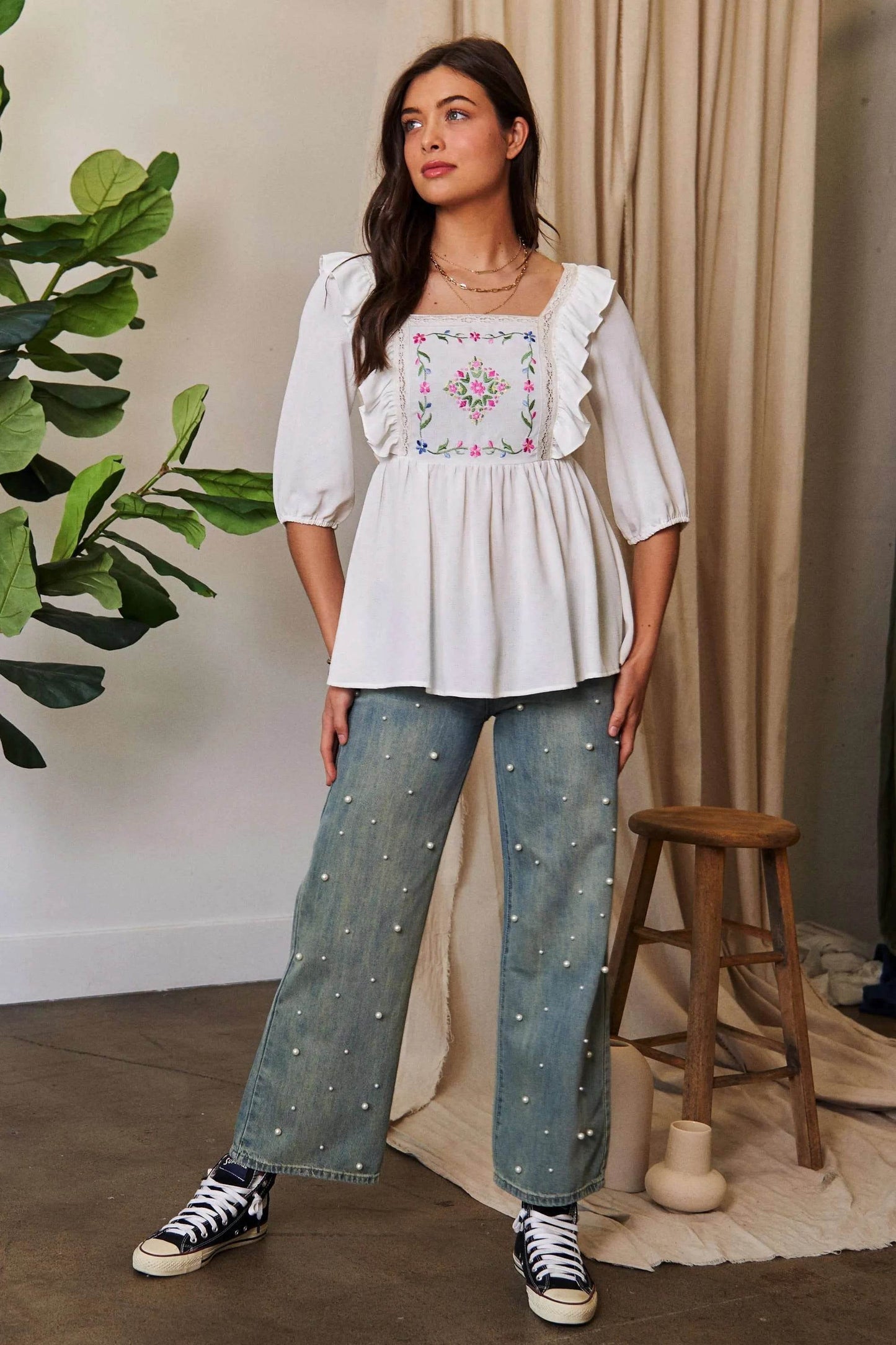 Davi & Dani Texture Tie Back Floral Embroidery Frill Blouse - Shop Style & More | Fresh Looks, Everyday Deals & Free Shipping
