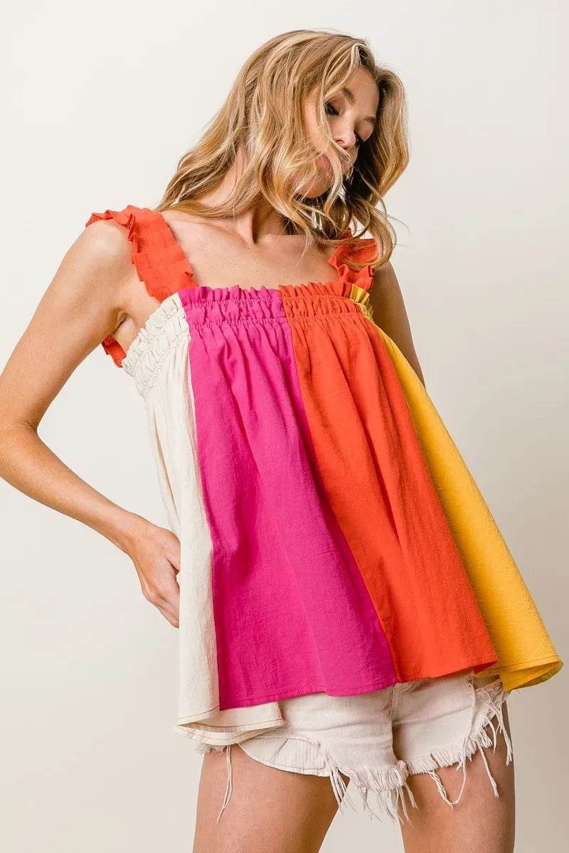 BiBi Frill Shoulder Strap Color Block Bodice Top - Shop Style & More | Fresh Looks, Everyday Deals & Free Shipping